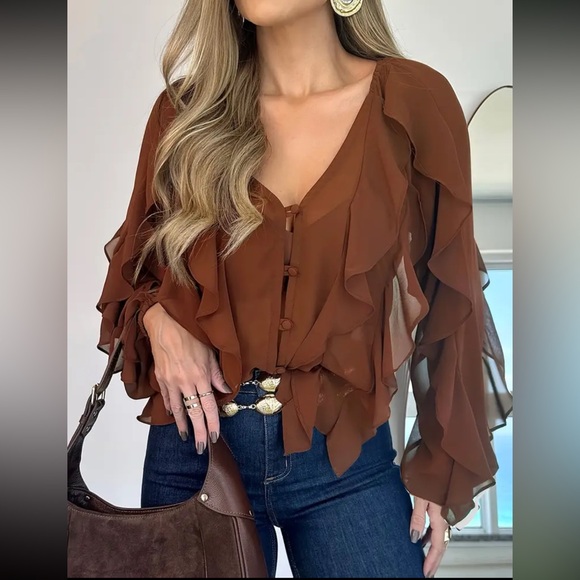 🍂 Ruffle V Neck Button Front Slim Fit Long Sleeve Blouse - Picture 5 of 6